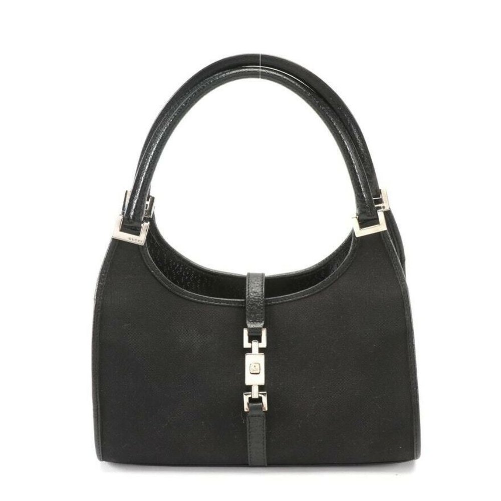 Gucci Shoulder Bag in Black Canvas with Leather Trim and Push Lock Closure!